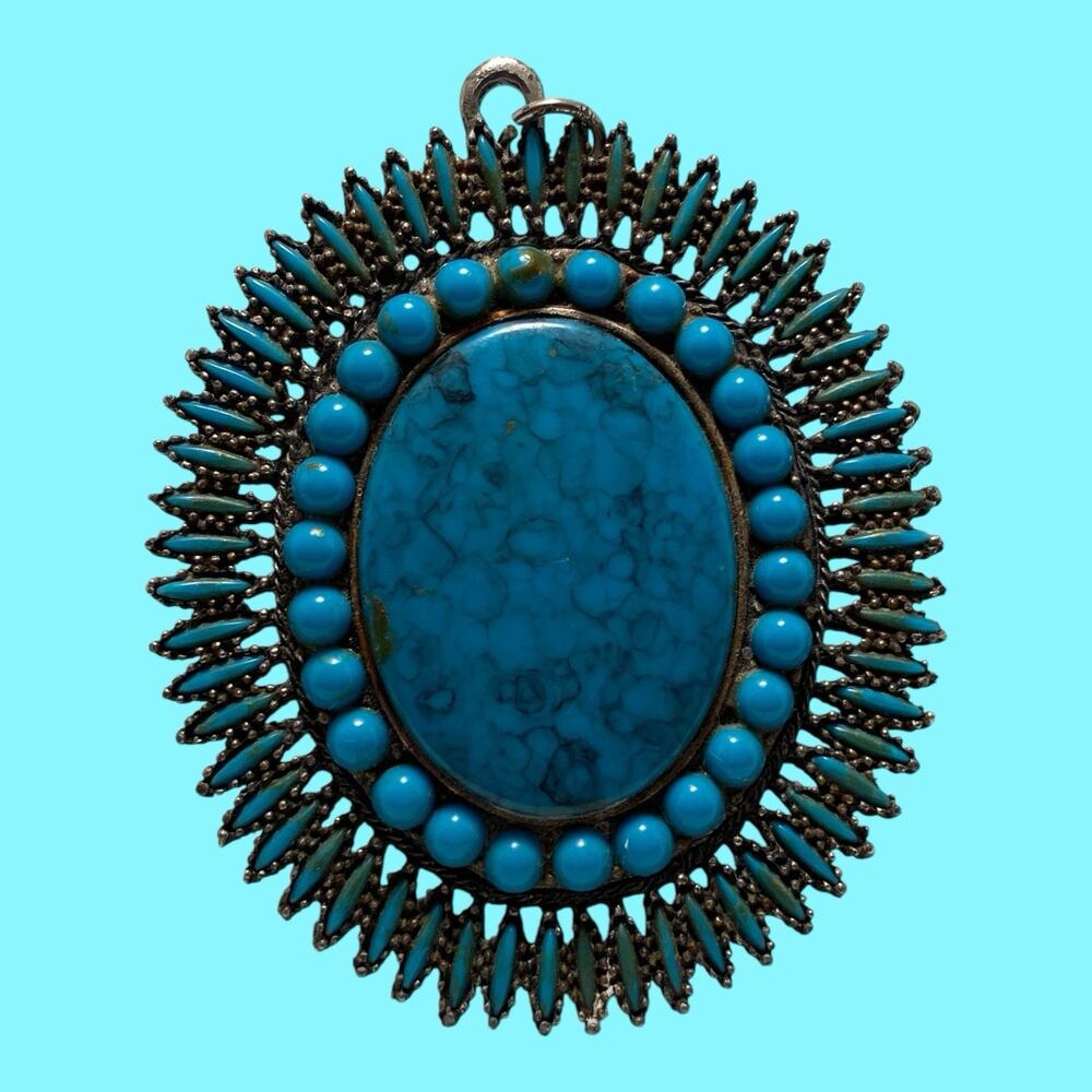 Vintage Ornate Silver-Tone Faux Turquoise Starburst Pendant 3” No Chain Read
